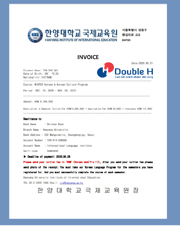 invoice trường Đại học Hanyang