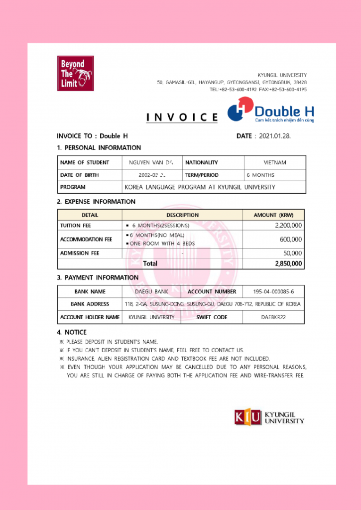 Invoice trường Đại học Kyungil Hàn Quốc